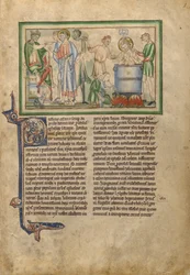 Kaiser Domitian spricht zu Johannes dem Evangelisten und Johannes dem Evangelisten in einem Kessel mit kochendem Öl